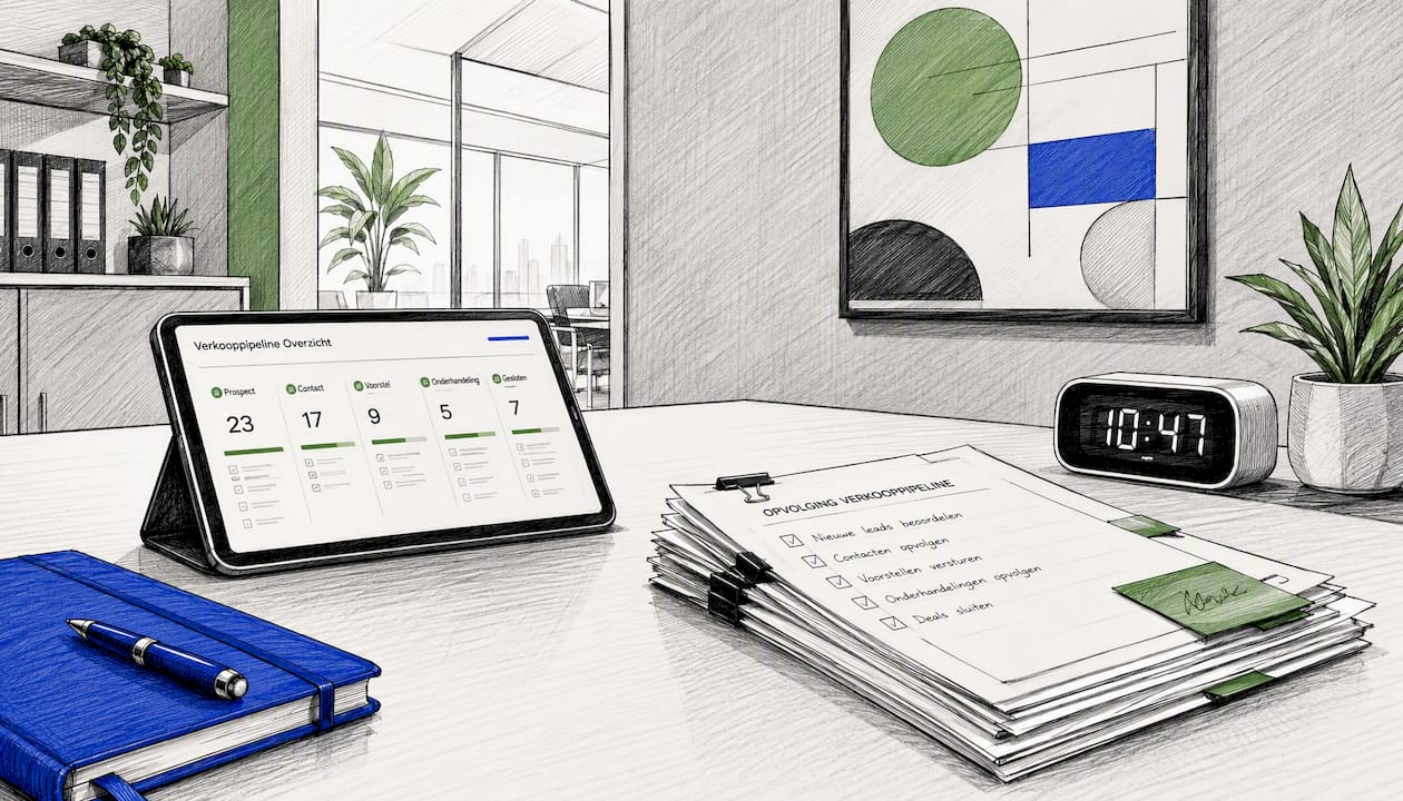 Een eigentijdse werkplek thuis, compleet met tablet en papieren op het bureau.