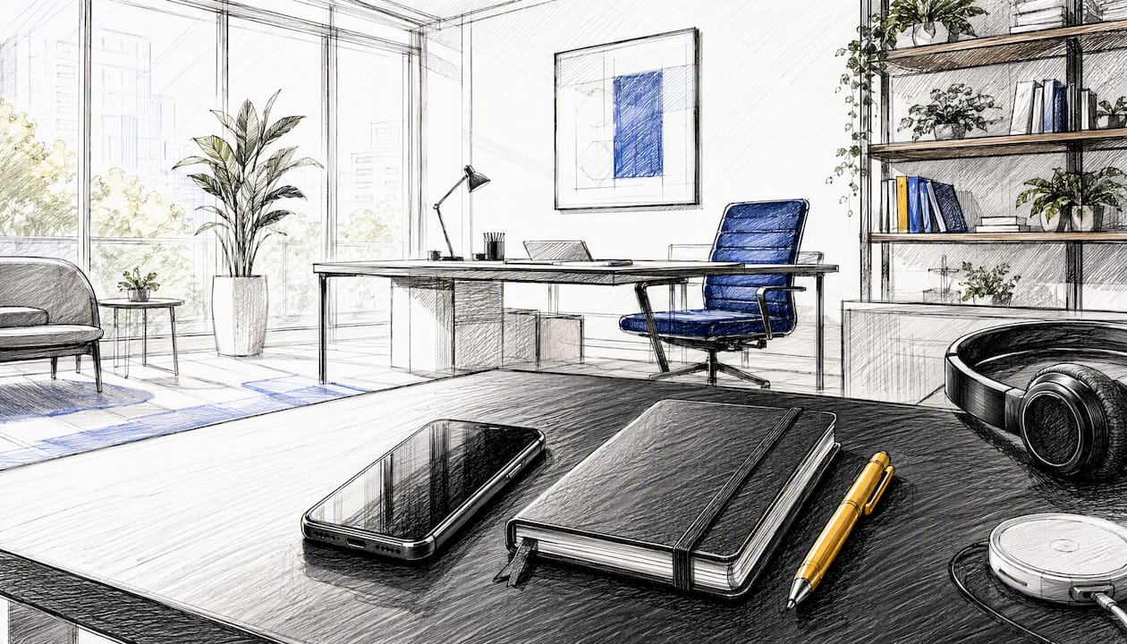 Een eigentijds bureau met een smartphone en een pen binnen handbereik.