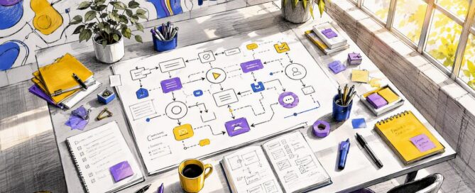 Digitale workflow-symbolen en handige bureau-accessoires