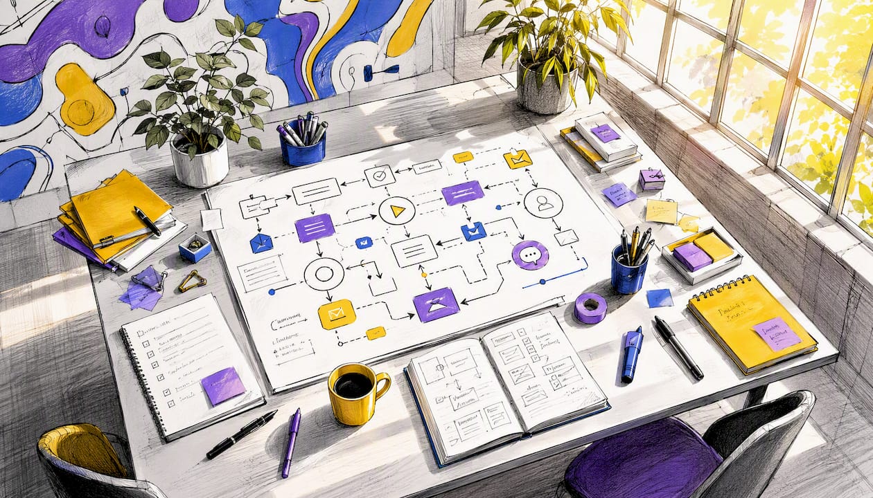 Digitale workflow-symbolen en handige bureau-accessoires