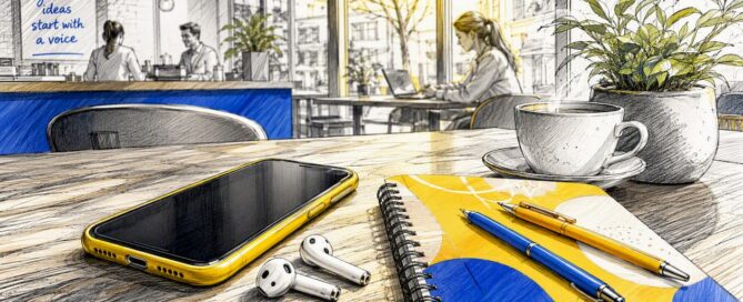 Op het bureau liggen een smartphone en een voicerecorder klaar.