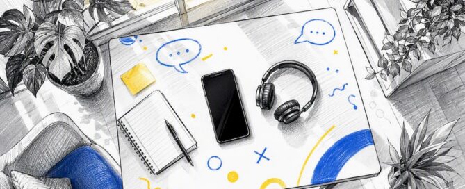 Een smartphone en een headset liggen op een strak, opgeruimd bureau.