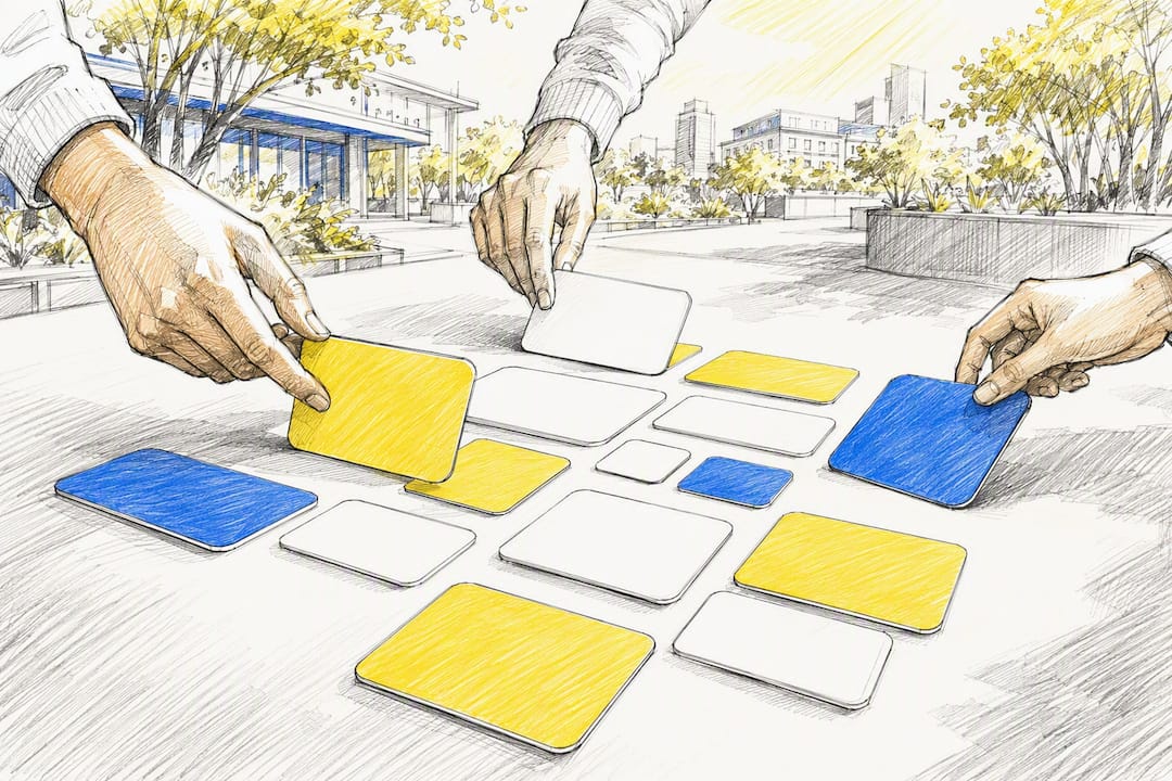 Handen die kleurrijke kaartjes met boodschappen sorteren