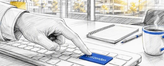 Hand die de laatste herinneringsmail verstuurt aan een bureau
